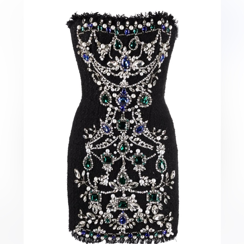 BALMAIN Jeweled Bustier Tweed Mini Dress